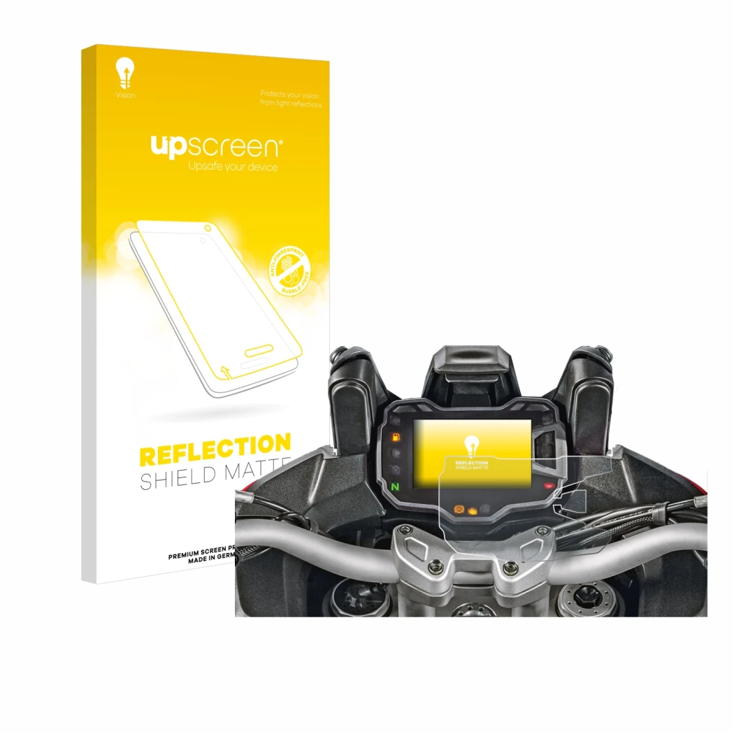 Vorderseite einer Produktverpackung mit dem Markenlogo upscreen. Daneben ist das Gerät Ducati Multistrada 1200 2015+ Tachoanze