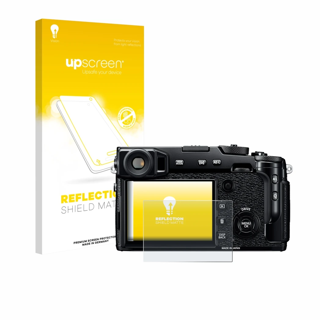 Vorderseite einer Produktverpackung mit dem Markenlogo upscreen. Daneben ist das Gerät Fujifilm X-Pro2 mit dem zugehörigen Dis