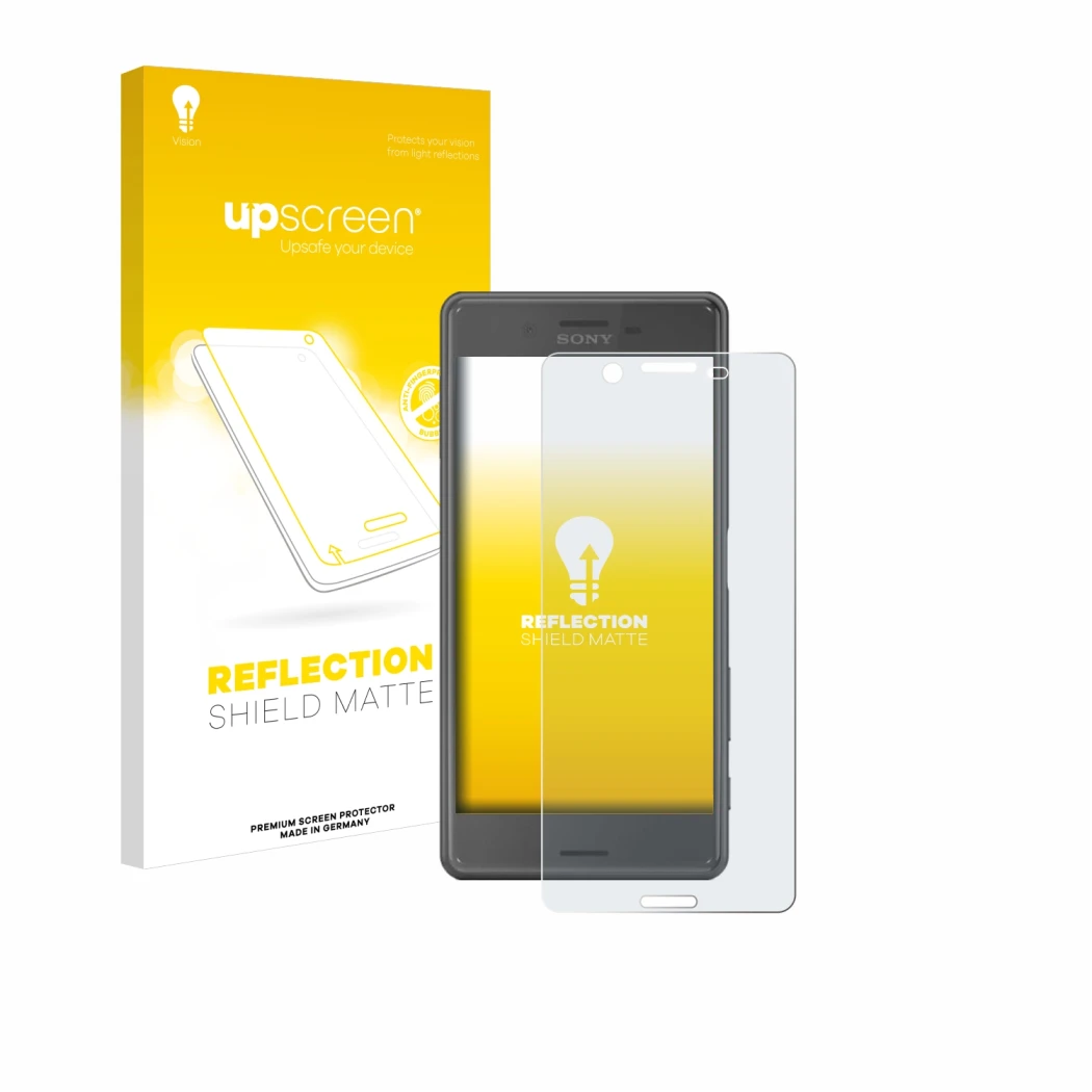 Vorderseite einer Produktverpackung mit dem Markenlogo upscreen. Daneben ist das Gerät Sony Xperia X Performance mit dem zugeh