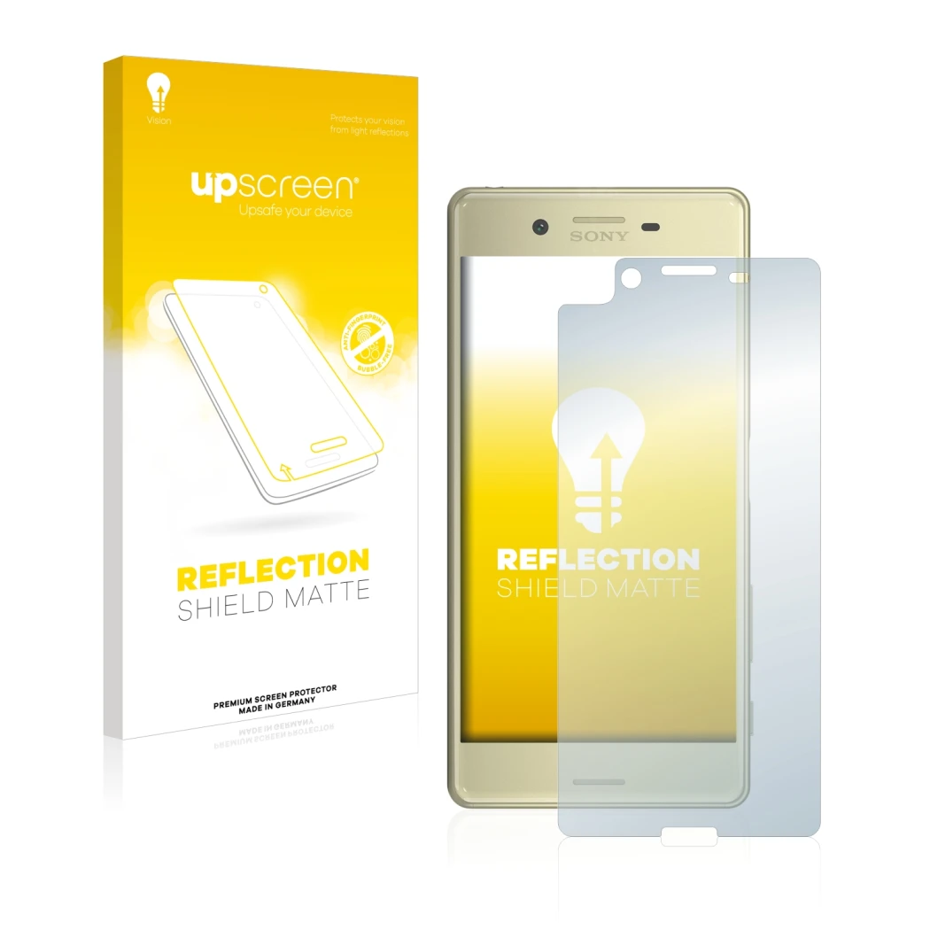 Vorderseite einer Produktverpackung mit dem Markenlogo upscreen. Daneben ist das Gerät Sony Xperia X mit dem zugehörigen Displ