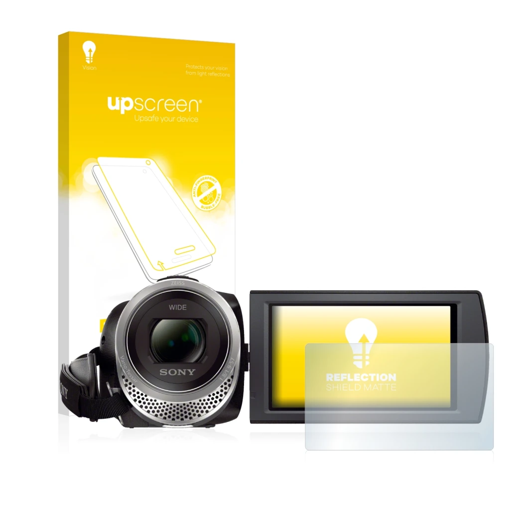 Vorderseite einer Produktverpackung mit dem Markenlogo upscreen. Daneben ist das Gerät Sony FDR-AX53 mit dem zugehörigen Displ