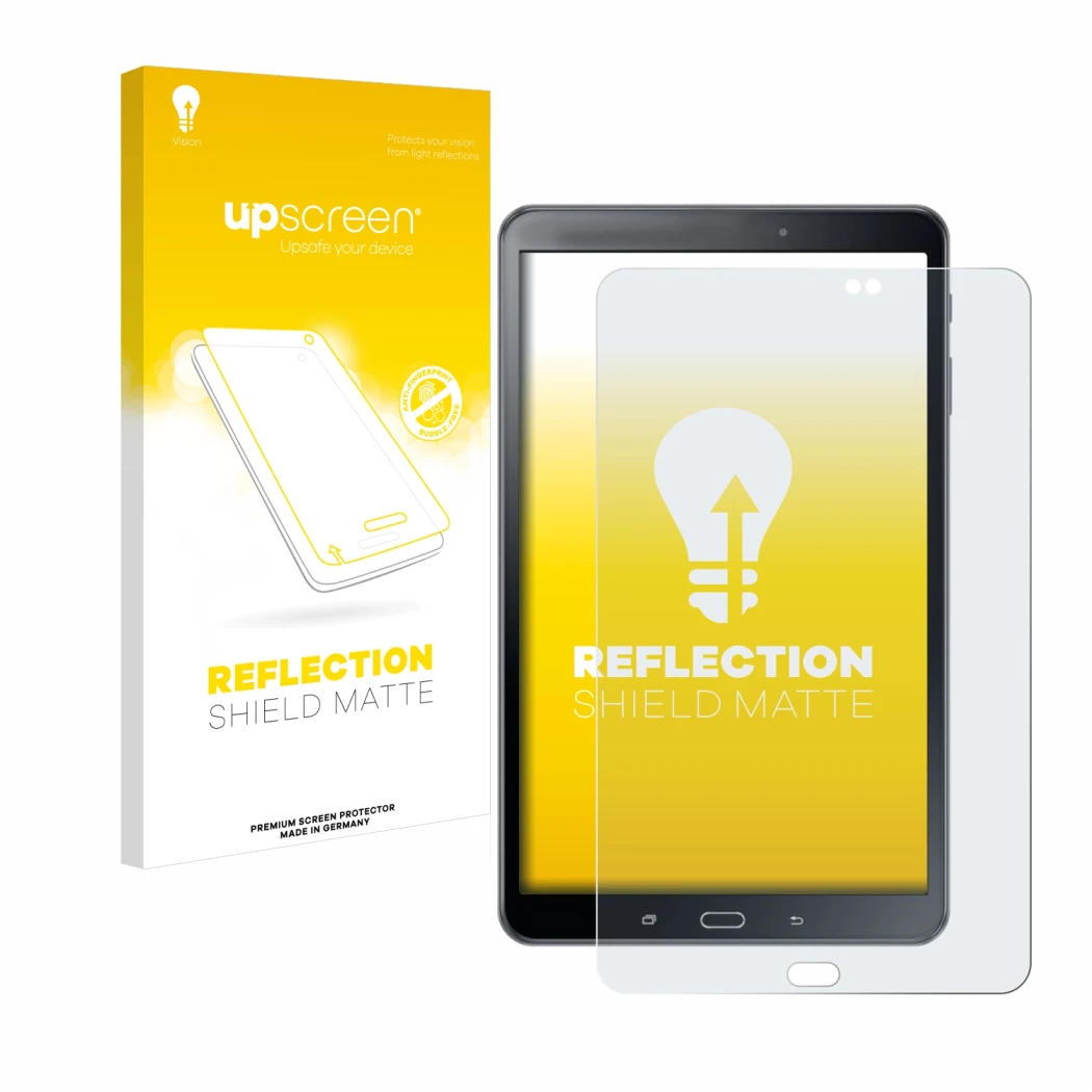 Vorderseite einer Produktverpackung mit dem Markenlogo upscreen. Daneben ist das Gerät Samsung Galaxy Tab A 10.1 2016 SM-T585