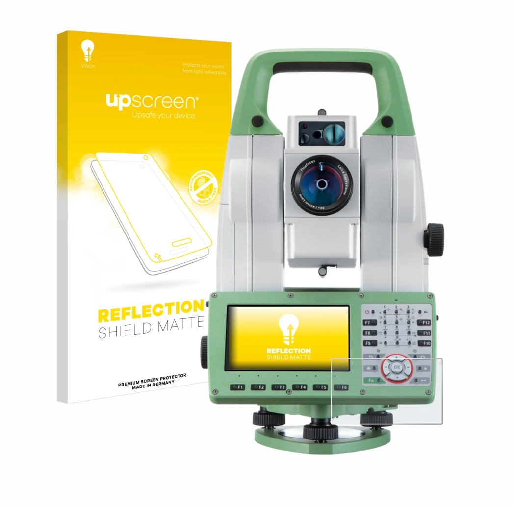 Vorderseite einer Produktverpackung mit dem Markenlogo upscreen. Daneben ist das Gerät Leica Viva TS16 mit dem zugehörigen Dis