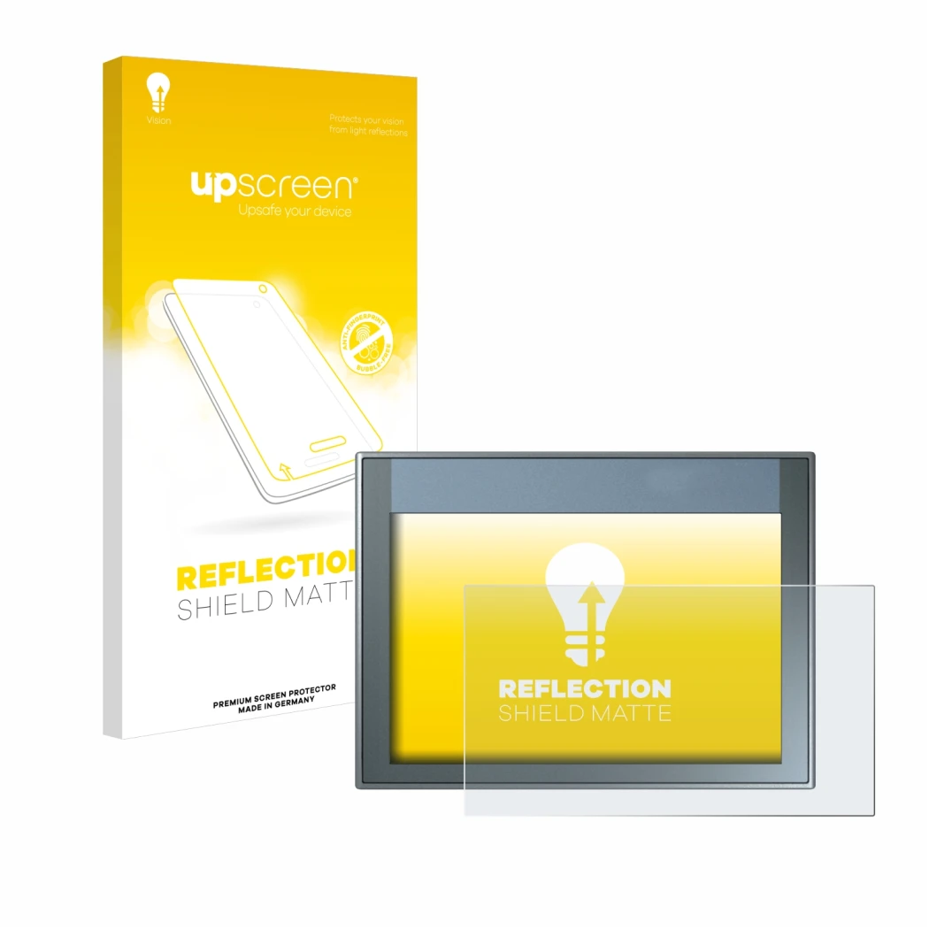 Vorderseite einer Produktverpackung mit dem Markenlogo upscreen. Daneben ist das Gerät Siemens Simatic HMI KTP 700 Basic mit d