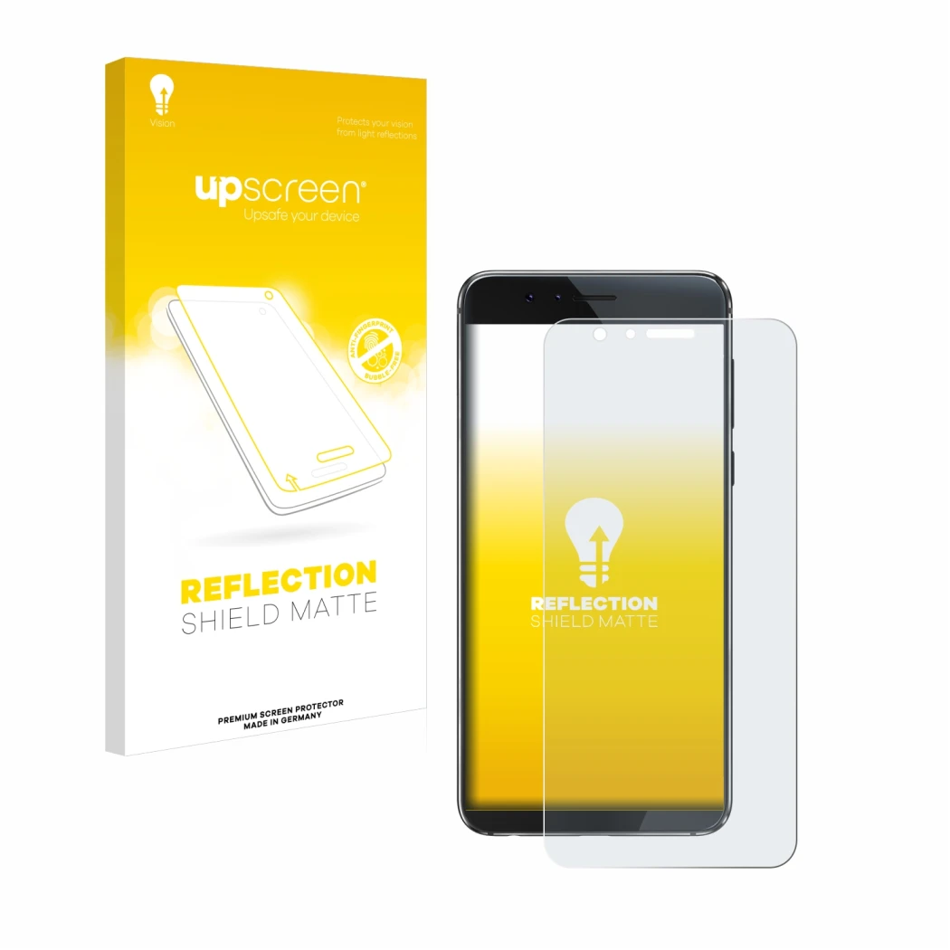 Vorderseite einer Produktverpackung mit dem Markenlogo upscreen. Daneben ist das Gerät Honor 8 mit dem zugehörigen Displayschu