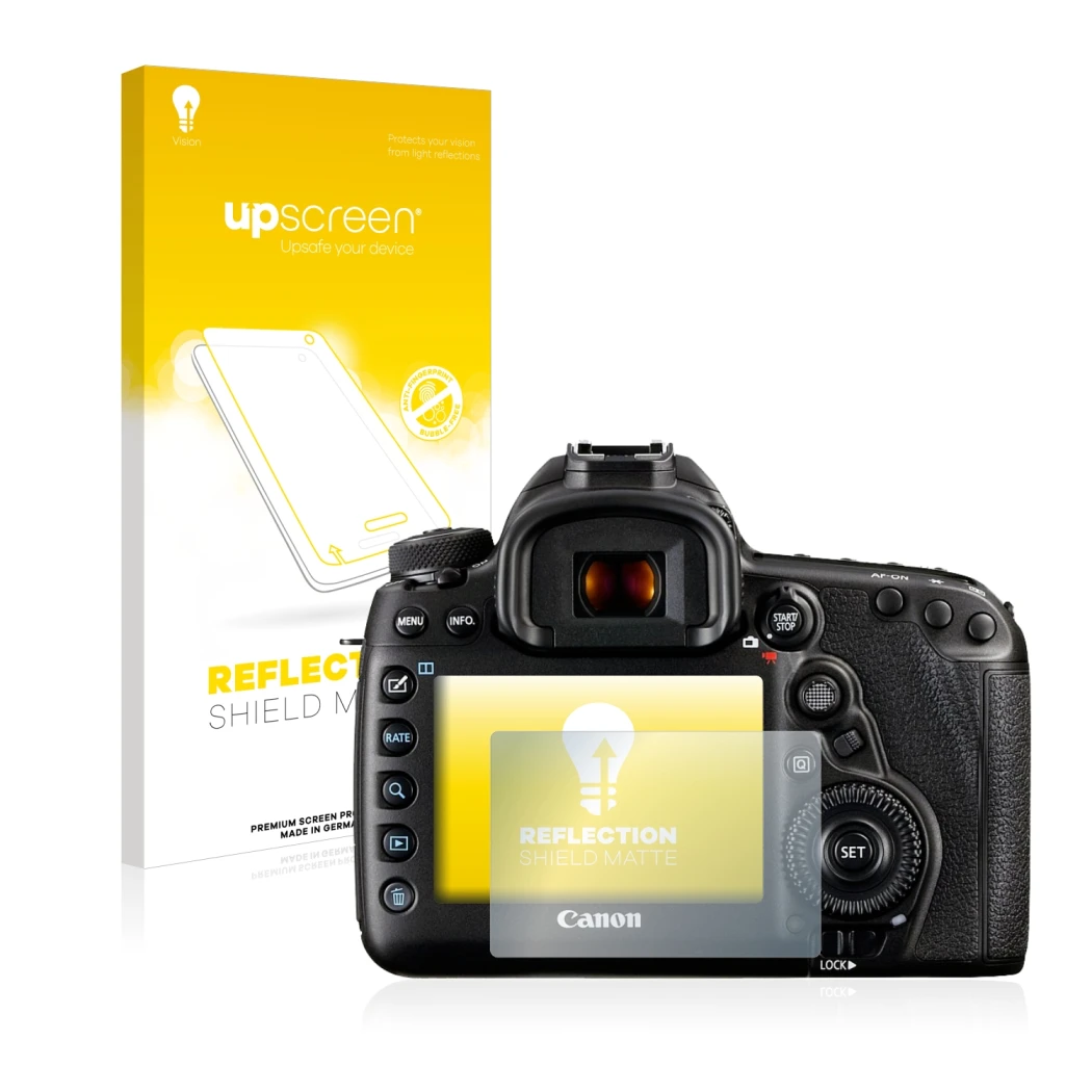Vorderseite einer Produktverpackung mit dem Markenlogo upscreen. Daneben ist das Gerät Canon EOS 5D Mark IV mit dem zugehörige
