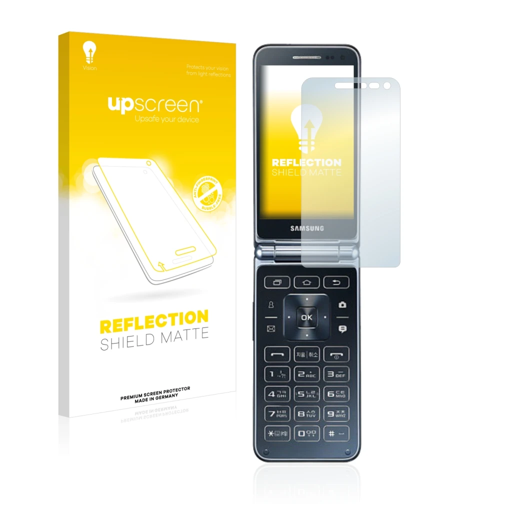 Vorderseite einer Produktverpackung mit dem Markenlogo upscreen. Daneben ist das Gerät Samsung Galaxy Folder 2 mit dem zugehör