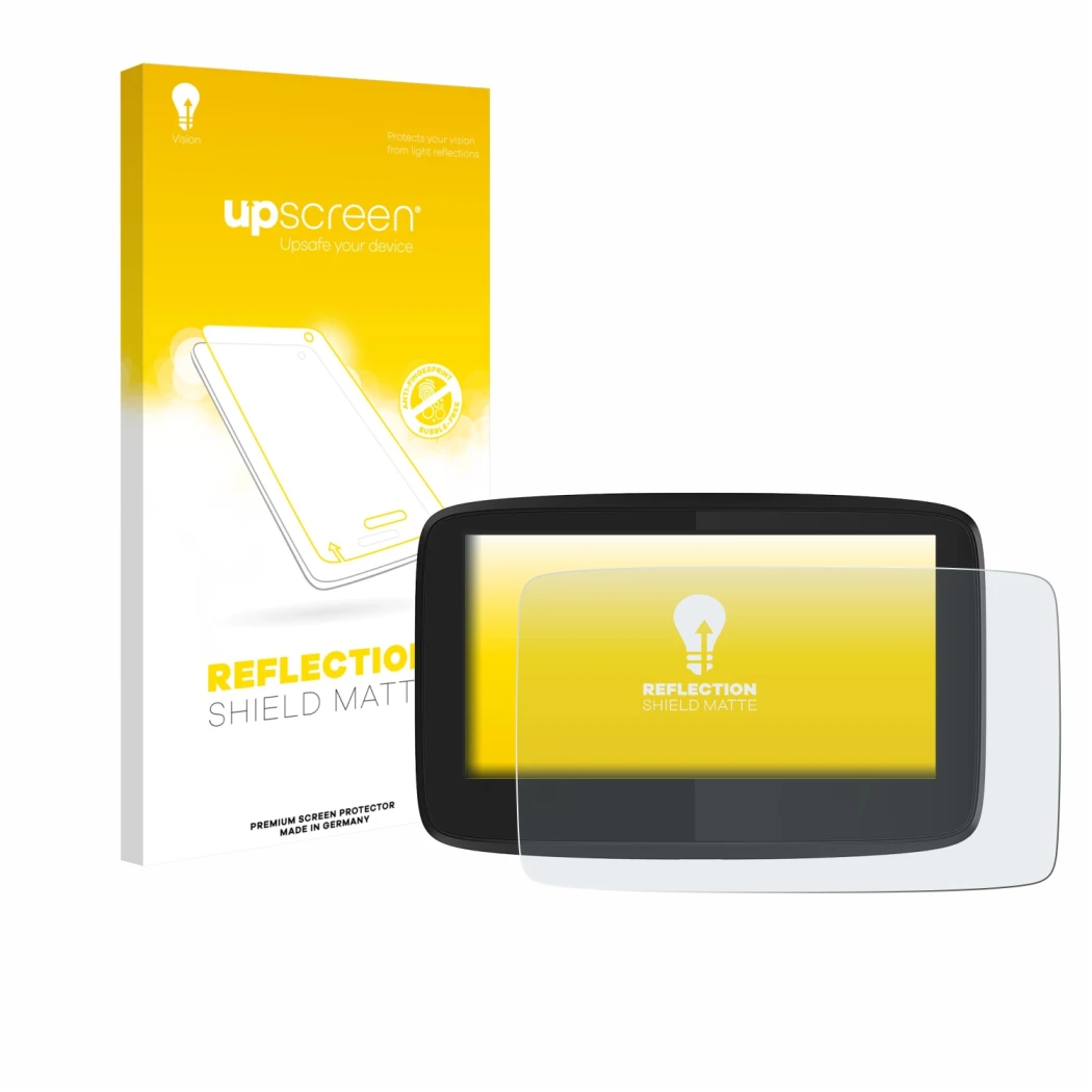 Vorderseite einer Produktverpackung mit dem Markenlogo upscreen. Daneben ist das Gerät TomTom GO 620 mit dem zugehörigen Displ