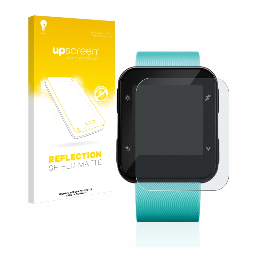 Vorderseite einer Produktverpackung mit dem Markenlogo upscreen. Daneben ist das Gerät Garmin Forerunner 35 mit dem zugehörige