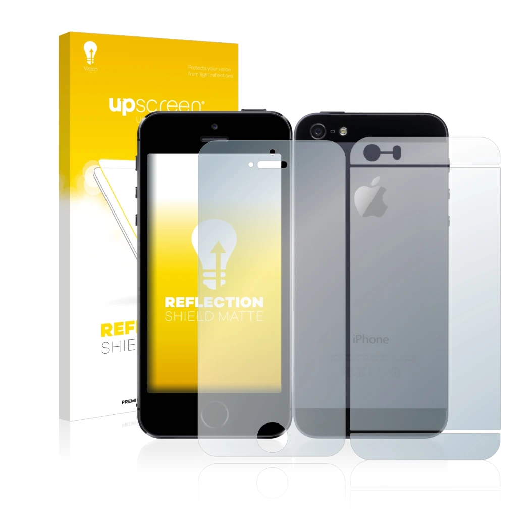 Vorderseite einer Produktverpackung mit dem Markenlogo upscreen. Daneben ist das Gerät Apple iPhone 5S (Display+Rückseite) mit