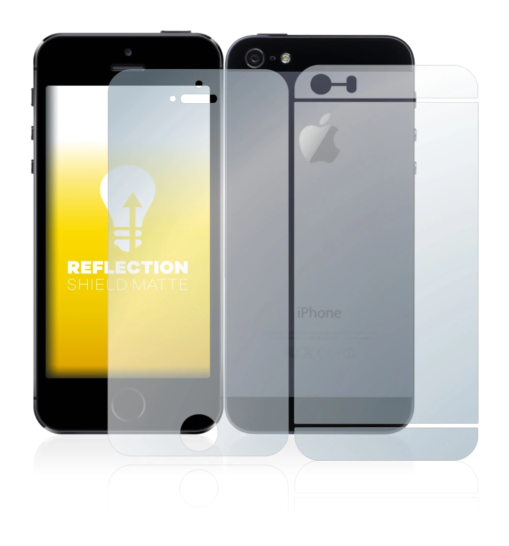 Abbildung des Geräts Apple iPhone 5S (Display+Rückseite) mit einer Vielzahl des Displayschutzes.