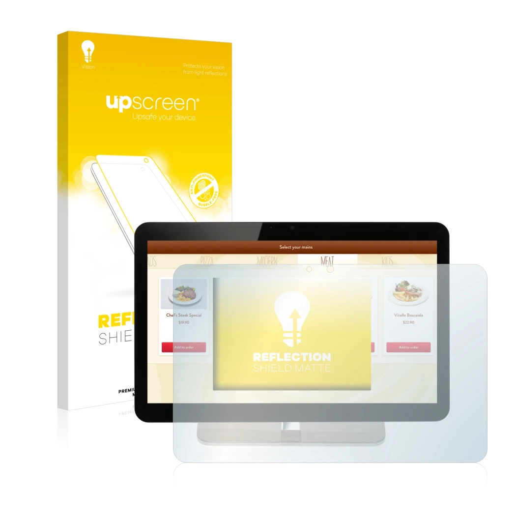 Vorderseite einer Produktverpackung mit dem Markenlogo upscreen. Daneben ist das Gerät Aopen eTILE 19M mit dem zugehörigen Dis