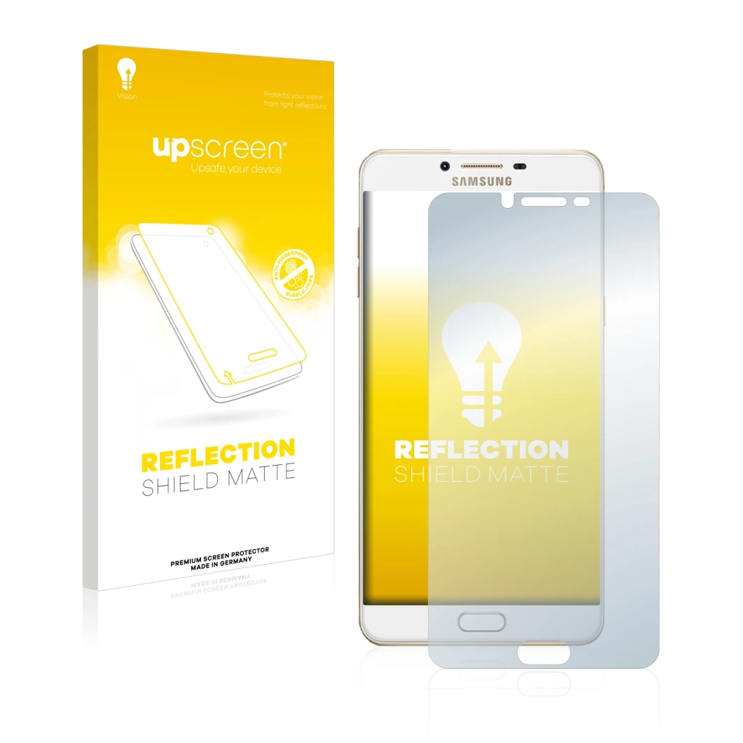 Vorderseite einer Produktverpackung mit dem Markenlogo upscreen. Daneben ist das Gerät Samsung Galaxy C9 Pro mit dem zugehörig