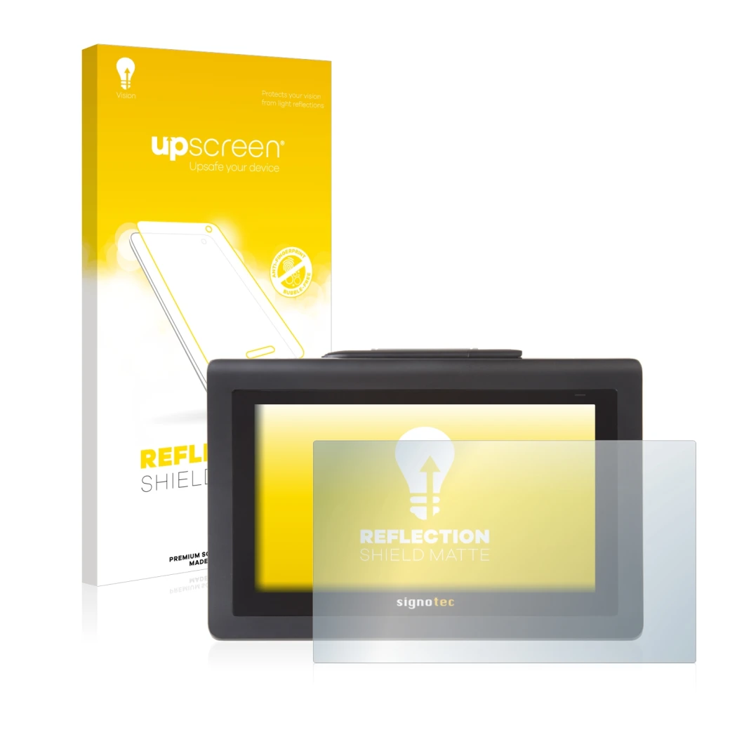 Vorderseite einer Produktverpackung mit dem Markenlogo upscreen. Daneben ist das Gerät Signotec Signature Pad Delta mit dem zu