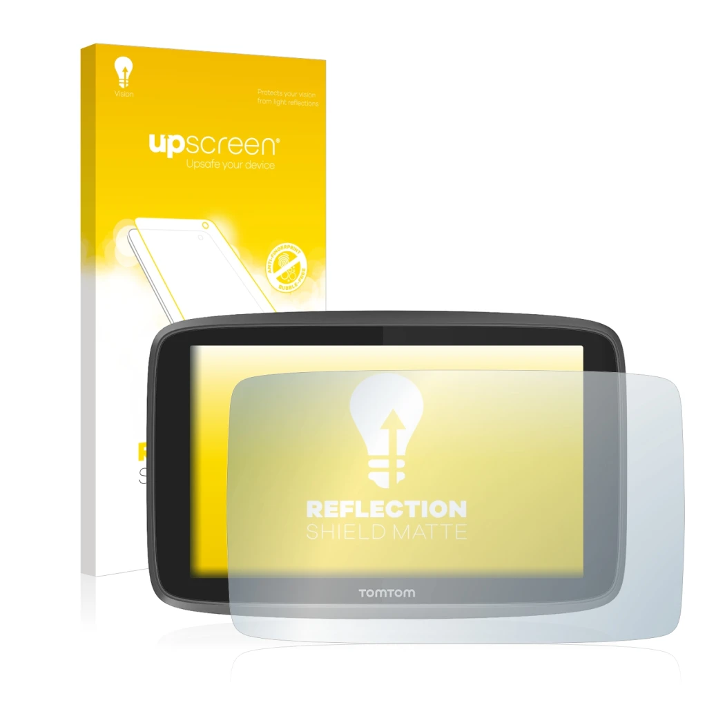 Vorderseite einer Produktverpackung mit dem Markenlogo upscreen. Daneben ist das Gerät TomTom Go 6200 mit dem zugehörigen Disp
