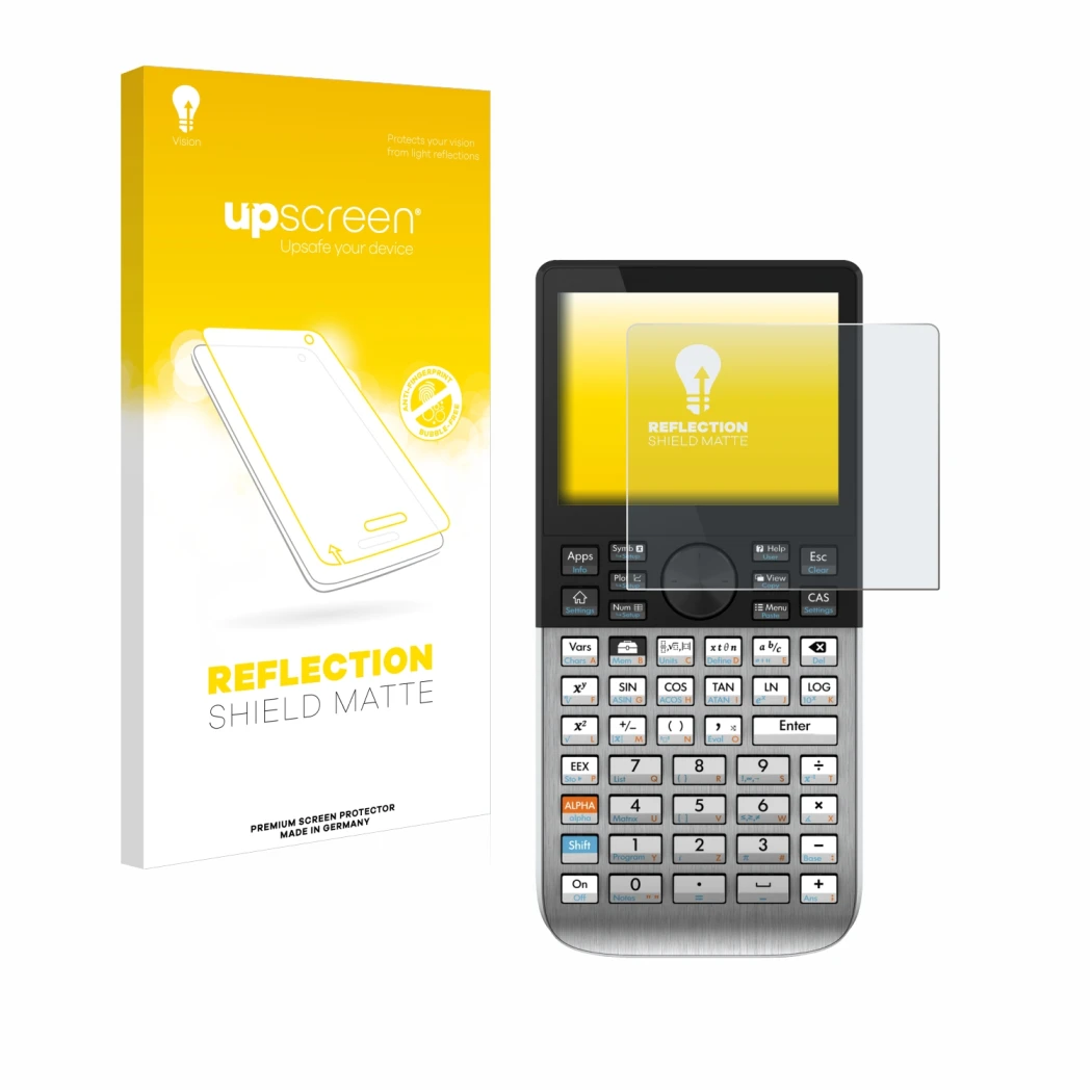 Vorderseite einer Produktverpackung mit dem Markenlogo upscreen. Daneben ist das Gerät HP Prime mit dem zugehörigen Displaysch