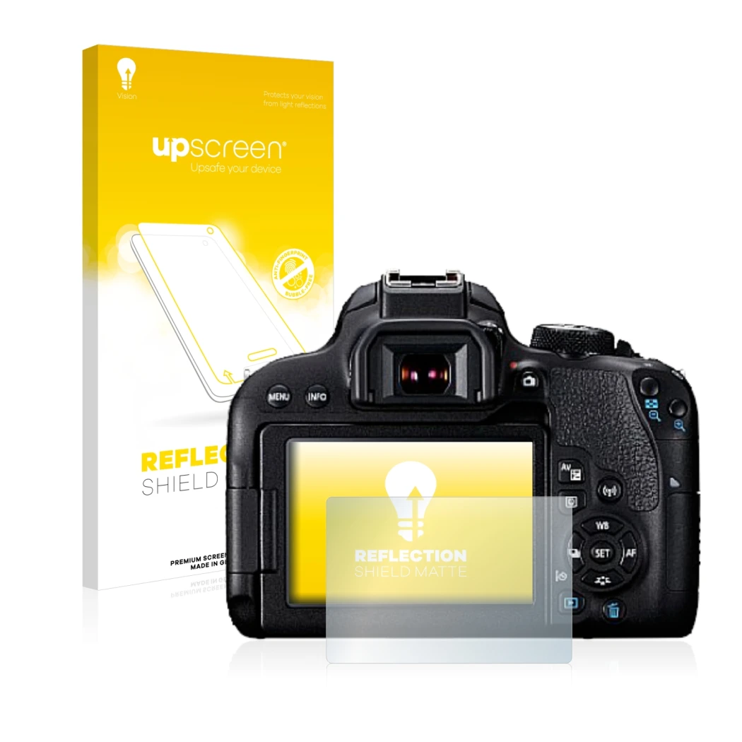 Vorderseite einer Produktverpackung mit dem Markenlogo upscreen. Daneben ist das Gerät Canon EOS 800D mit dem zugehörigen Disp