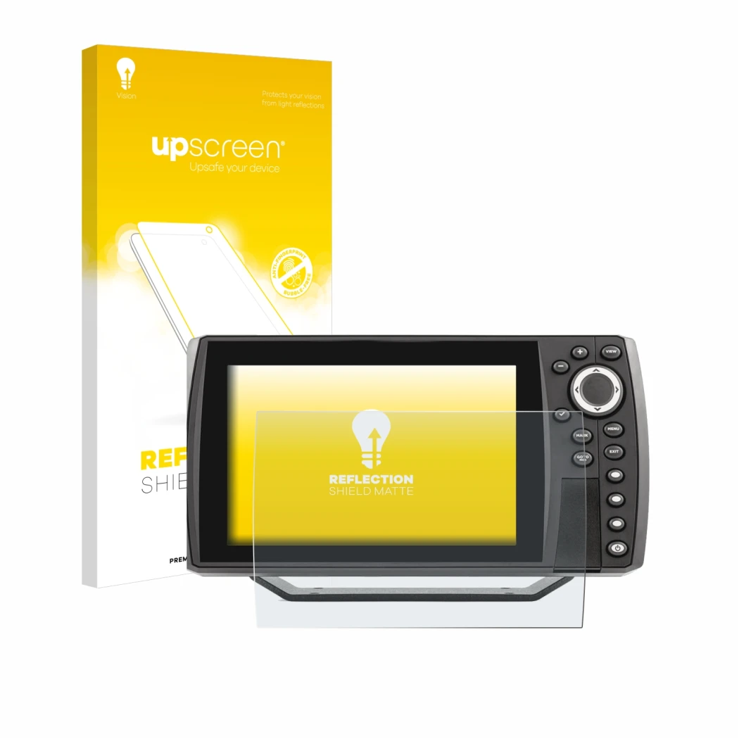 Vorderseite einer Produktverpackung mit dem Markenlogo upscreen. Daneben ist das Gerät Humminbird Helix 7 mit dem zugehörigen 