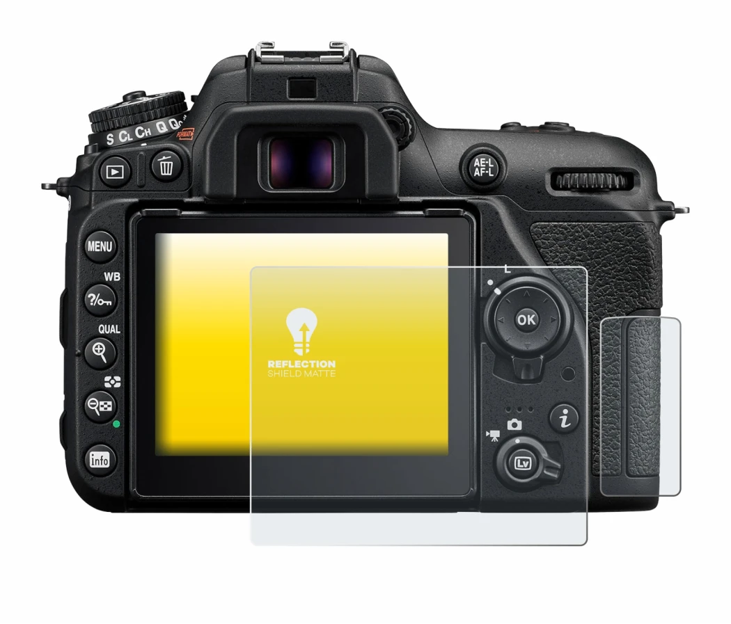 Abbildung des Geräts Nikon D7500 mit einer Vielzahl des Displayschutzes.