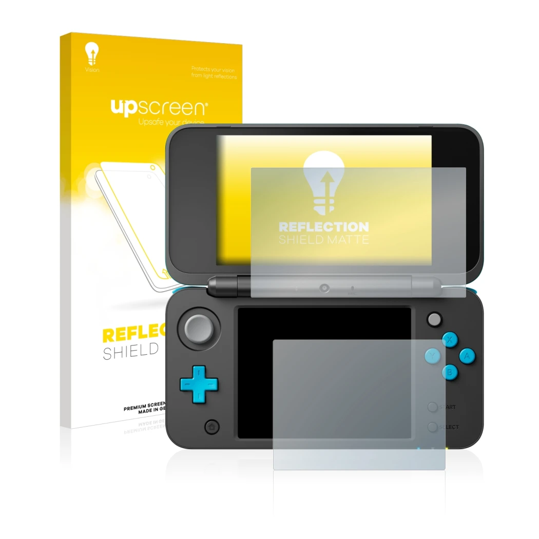 Vorderseite einer Produktverpackung mit dem Markenlogo upscreen. Daneben ist das Gerät Nintendo 2DS XL mit dem zugehörigen Dis