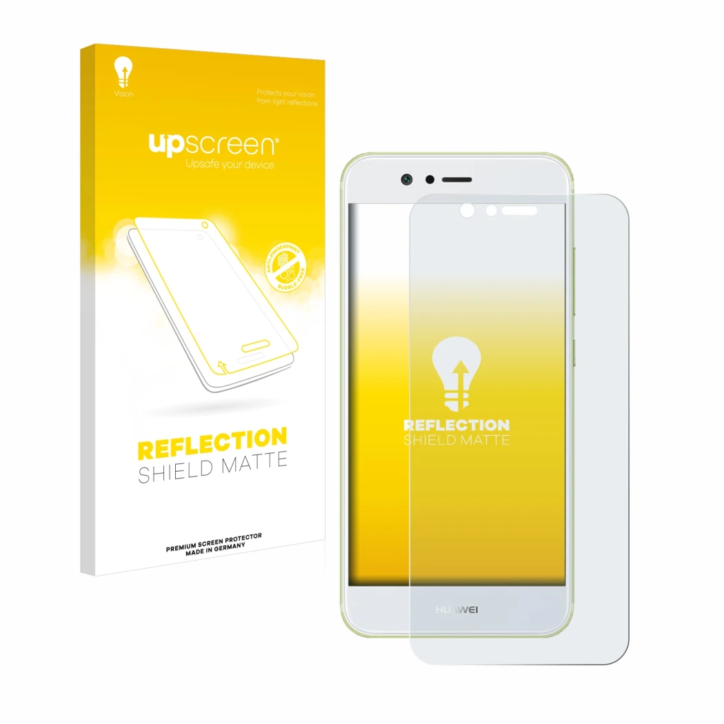 Vorderseite einer Produktverpackung mit dem Markenlogo upscreen. Daneben ist das Gerät Huawei Nova 2 mit dem zugehörigen Displ