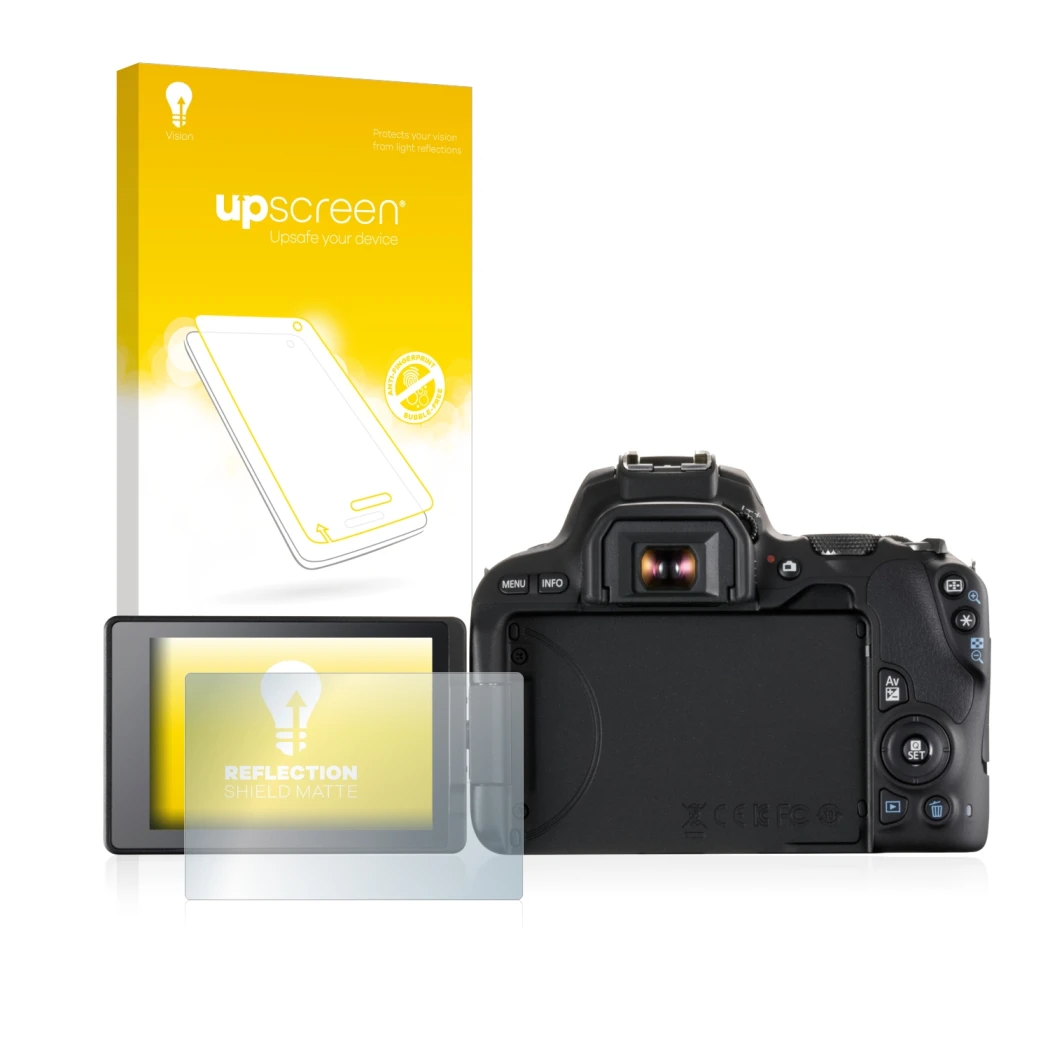 Vorderseite einer Produktverpackung mit dem Markenlogo upscreen. Daneben ist das Gerät Canon EOS 200D mit dem zugehörigen Disp