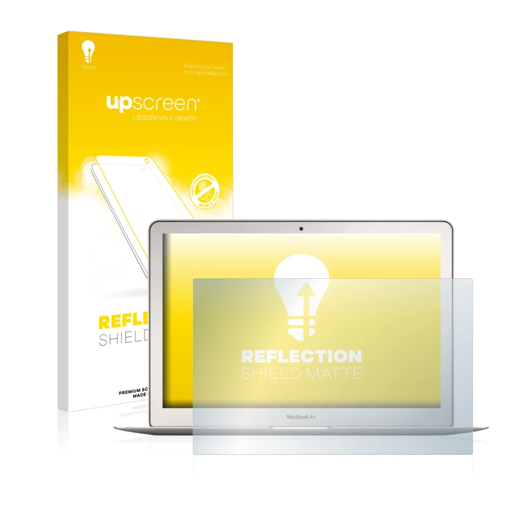 Vorderseite einer Produktverpackung mit dem Markenlogo upscreen. Daneben ist das Gerät Apple MacBook Air 13