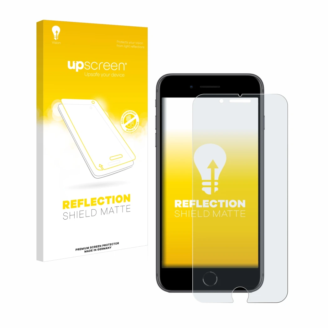 Vorderseite einer Produktverpackung mit dem Markenlogo upscreen. Daneben ist das Gerät Apple iPhone 8 Plus mit dem zugehörigen