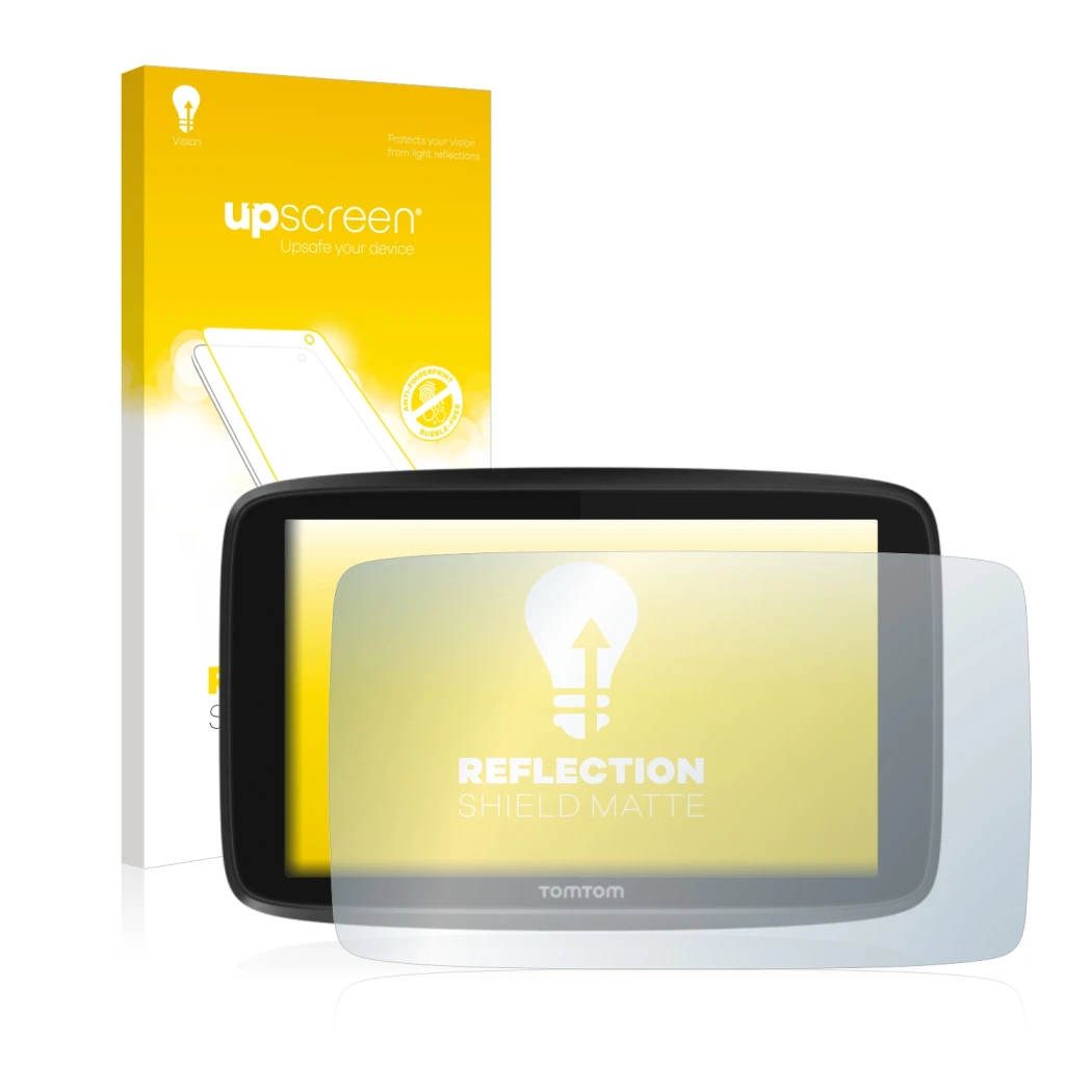 Vorderseite einer Produktverpackung mit dem Markenlogo upscreen. Daneben ist das Gerät TomTom GO 6250 mit dem zugehörigen Disp