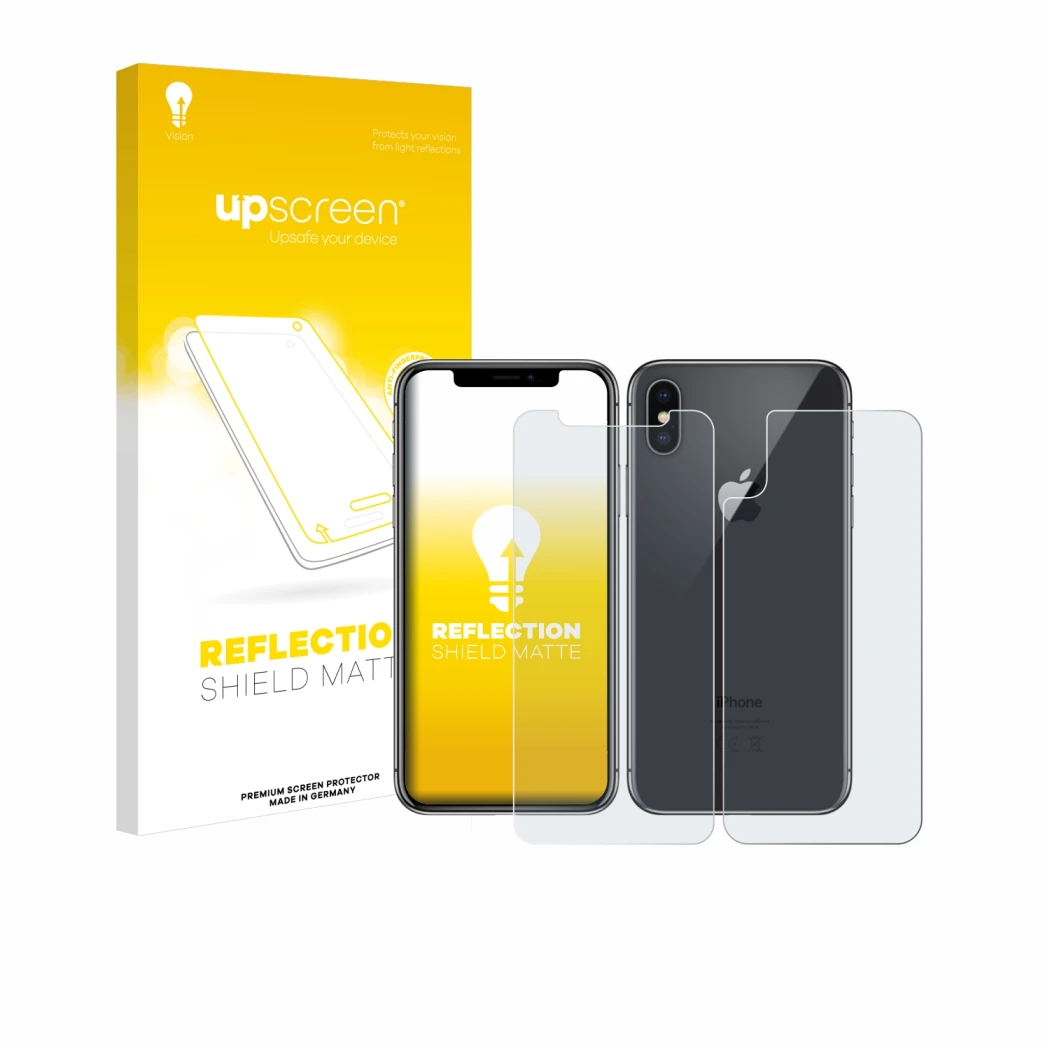 Vorderseite einer Produktverpackung mit dem Markenlogo upscreen. Daneben ist das Gerät Apple iPhone X (Display+Rückseite) mit 