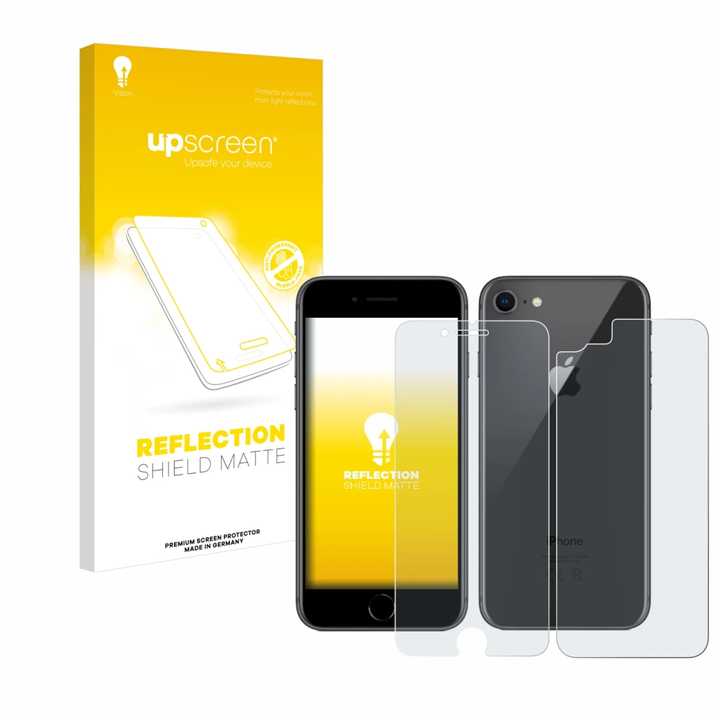 Vorderseite einer Produktverpackung mit dem Markenlogo upscreen. Daneben ist das Gerät Apple iPhone 8 (Display+Rückseite) mit