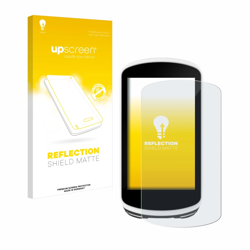 Vorderseite einer Produktverpackung mit dem Markenlogo upscreen. Daneben ist das Gerät Garmin Edge 1030 mit dem zugehörigen Di