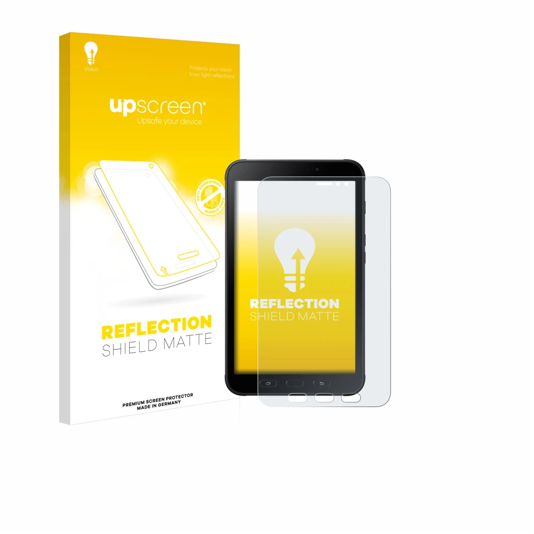 Vorderseite einer Produktverpackung mit dem Markenlogo upscreen. Daneben ist das Gerät Samsung Galaxy Tab Active 2 mit dem zug