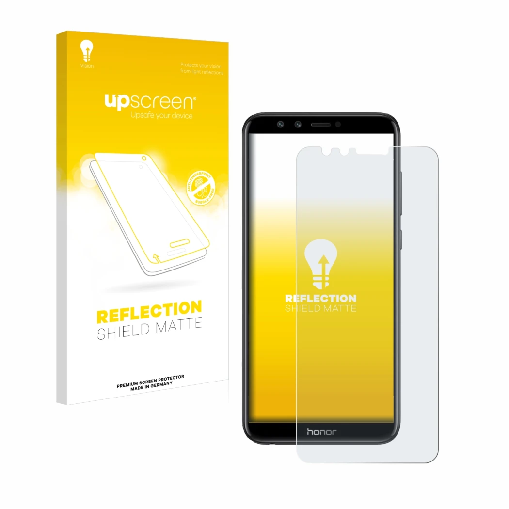 Vorderseite einer Produktverpackung mit dem Markenlogo upscreen. Daneben ist das Gerät Honor 9 Lite mit dem zugehörigen Displa