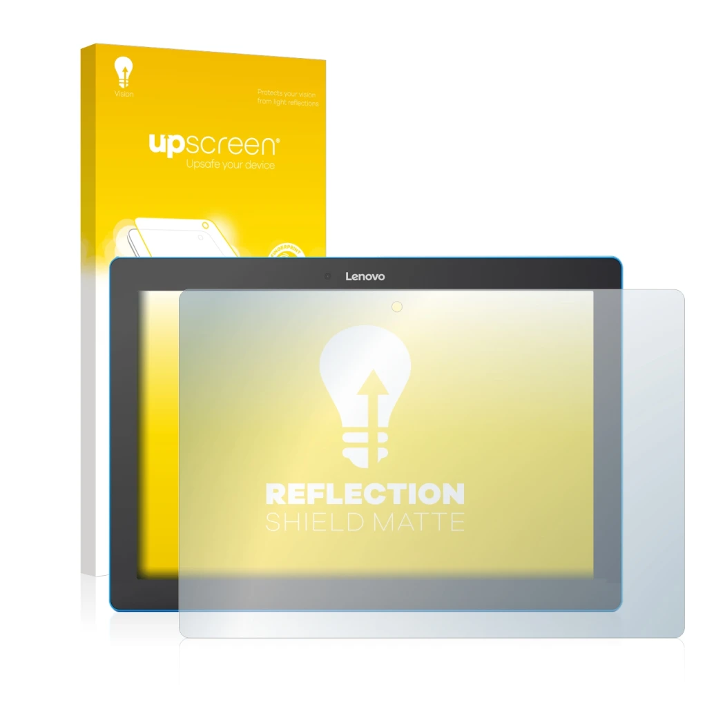 Vorderseite einer Produktverpackung mit dem Markenlogo upscreen. Daneben ist das Gerät Lenovo Tab 10 TB-X103F mit dem zugehöri