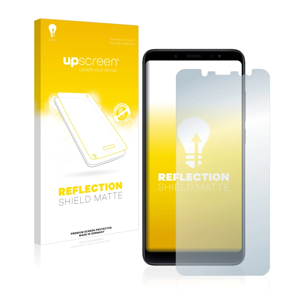 Vorderseite einer Produktverpackung mit dem Markenlogo upscreen. Daneben ist das Gerät Xiaomi Redmi Note 5 mit dem zugehörigen