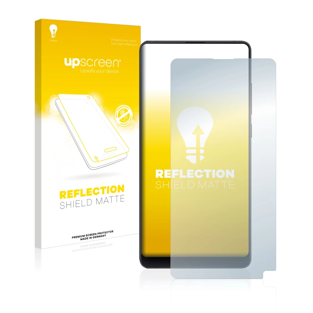 Vorderseite einer Produktverpackung mit dem Markenlogo upscreen. Daneben ist das Gerät Xiaomi Mi Mix 2S mit dem zugehörigen Di