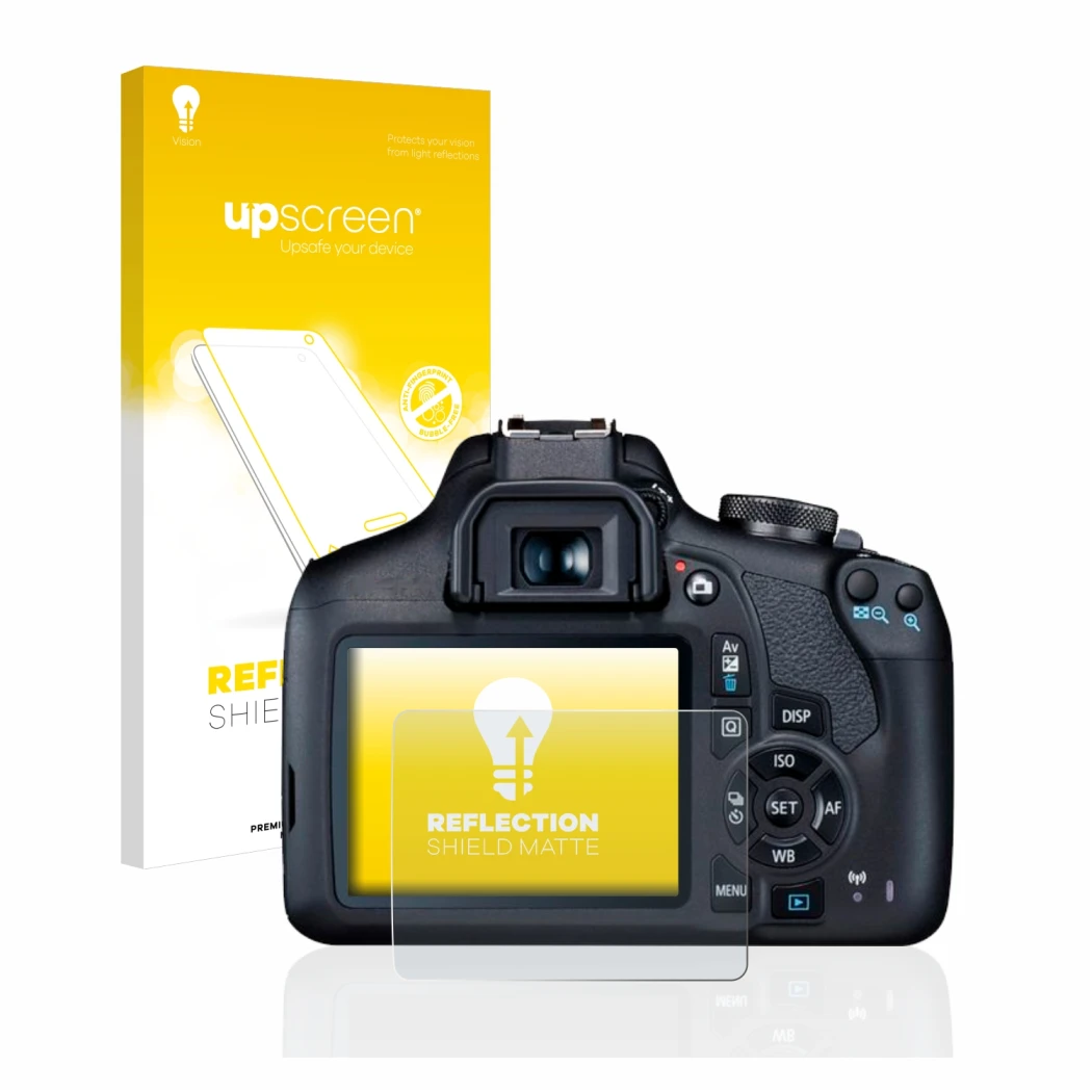 Vorderseite einer Produktverpackung mit dem Markenlogo upscreen. Daneben ist das Gerät Canon EOS 2000D mit dem zugehörigen Dis