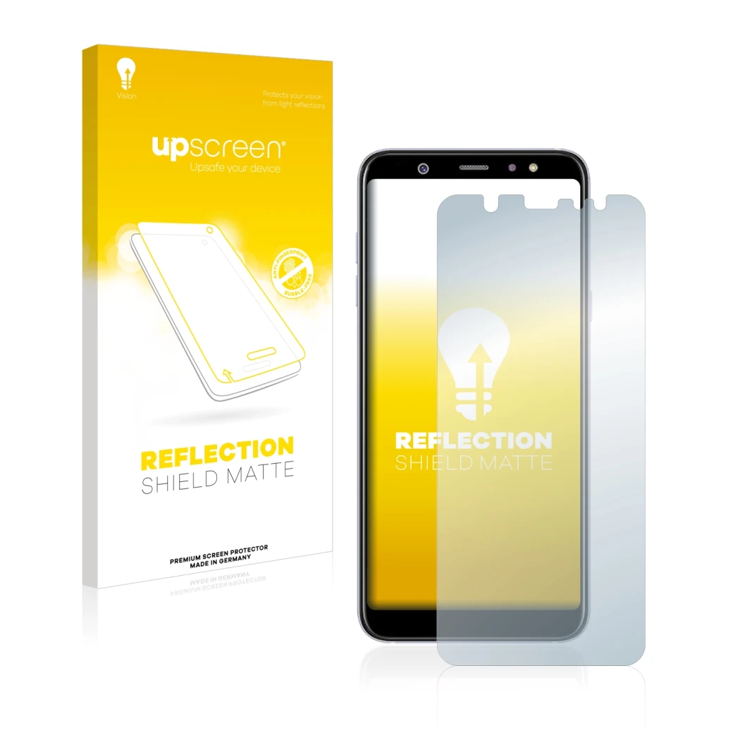 Vorderseite einer Produktverpackung mit dem Markenlogo upscreen. Daneben ist das Gerät Samsung Galaxy A6 Plus 2018 mit dem zug