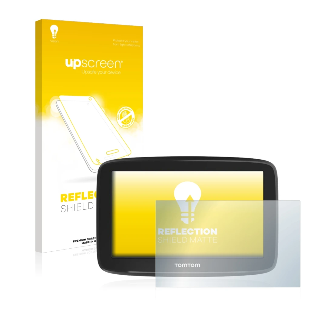 Vorderseite einer Produktverpackung mit dem Markenlogo upscreen. Daneben ist das Gerät TomTom GO Basic (6