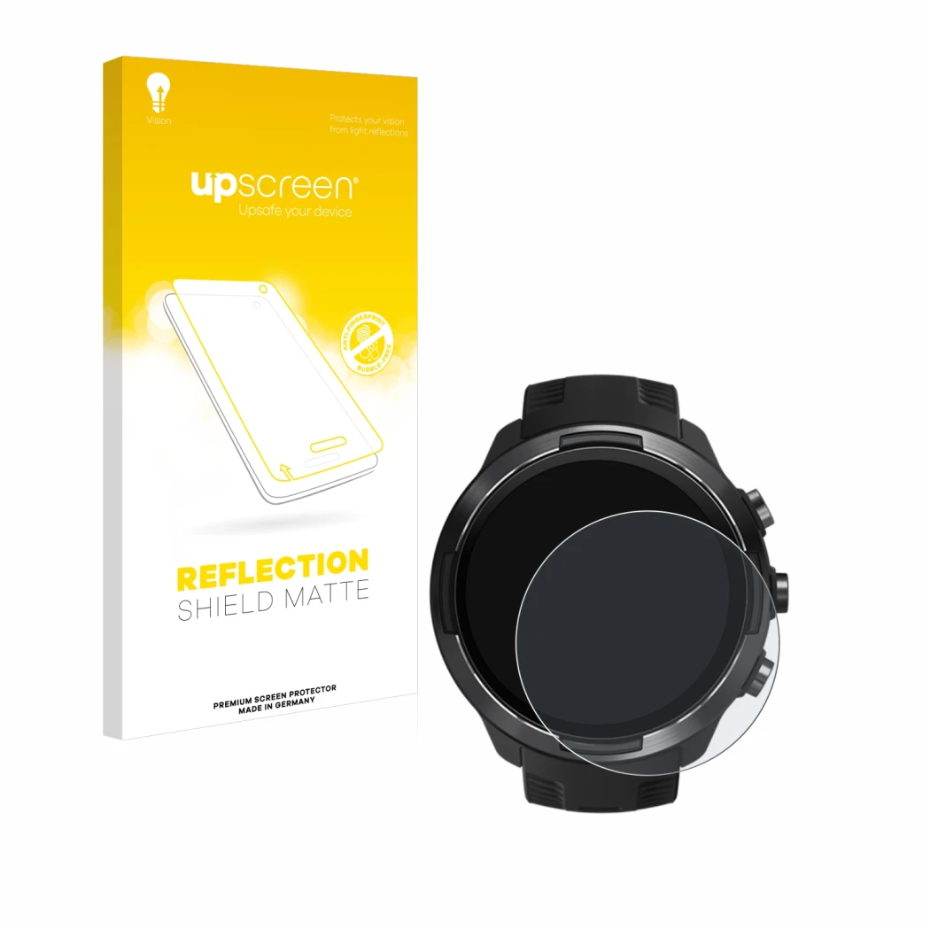 Vorderseite einer Produktverpackung mit dem Markenlogo upscreen. Daneben ist das Gerät Suunto 9 mit dem zugehörigen Displaysch