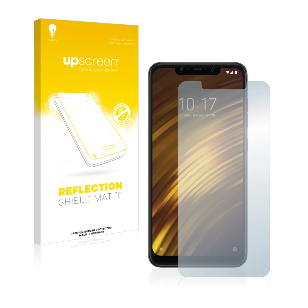 Vorderseite einer Produktverpackung mit dem Markenlogo upscreen. Daneben ist das Gerät Xiaomi Pocophone F1 mit dem zugehörigen