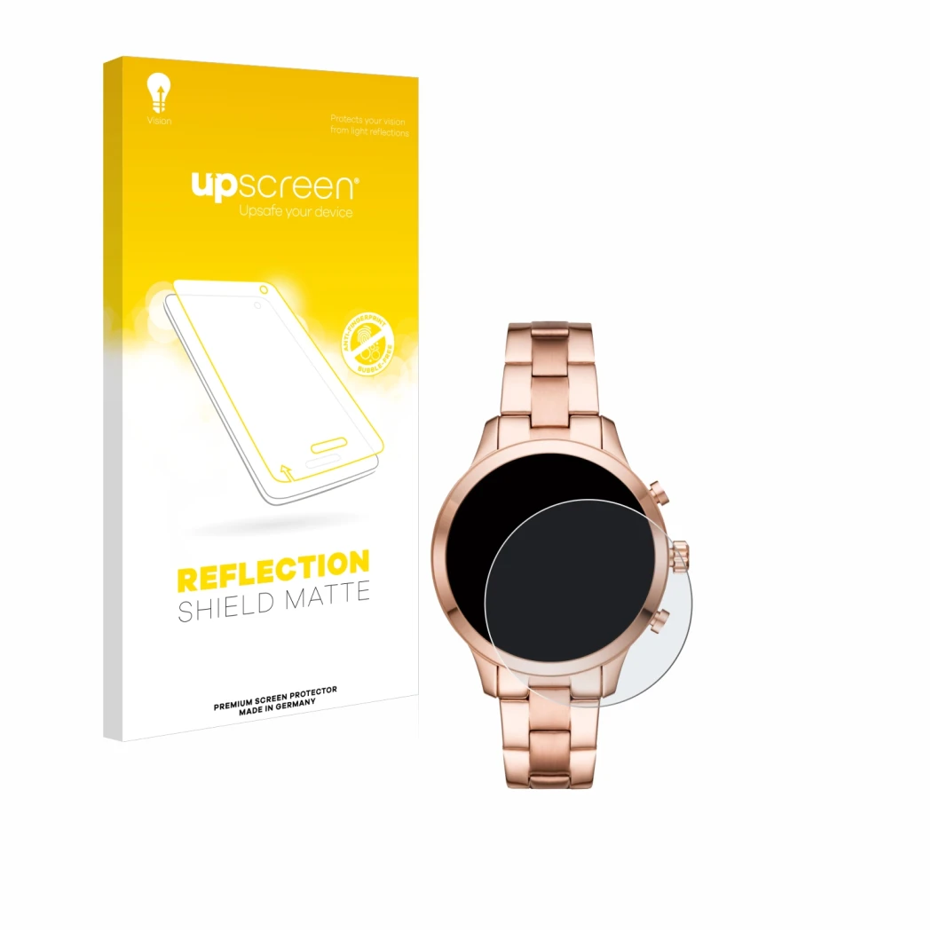 Vorderseite einer Produktverpackung mit dem Markenlogo upscreen. Daneben ist das Gerät Michael Kors Access Runway (41 mm) mit