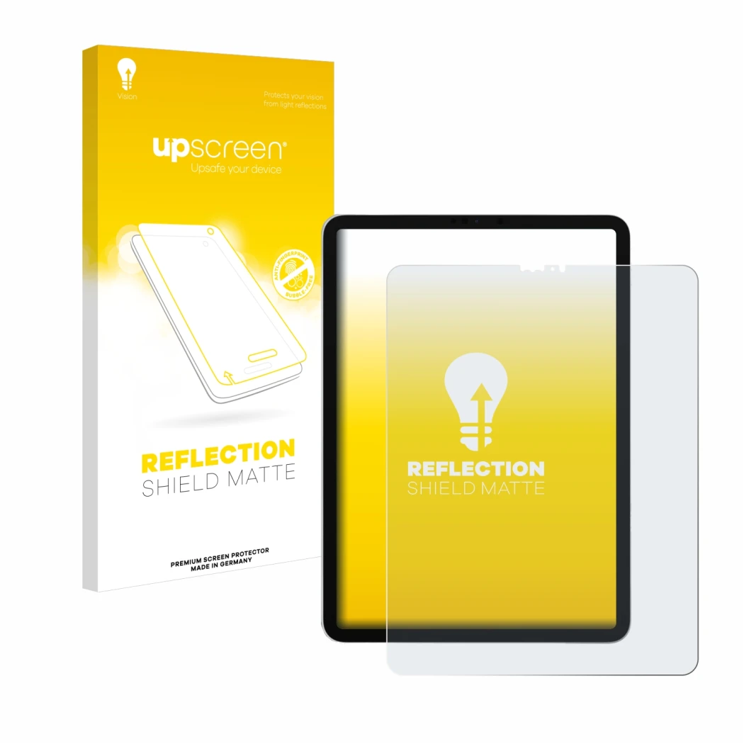 Vorderseite einer Produktverpackung mit dem Markenlogo upscreen. Daneben ist das Gerät Apple iPad Pro 12.9