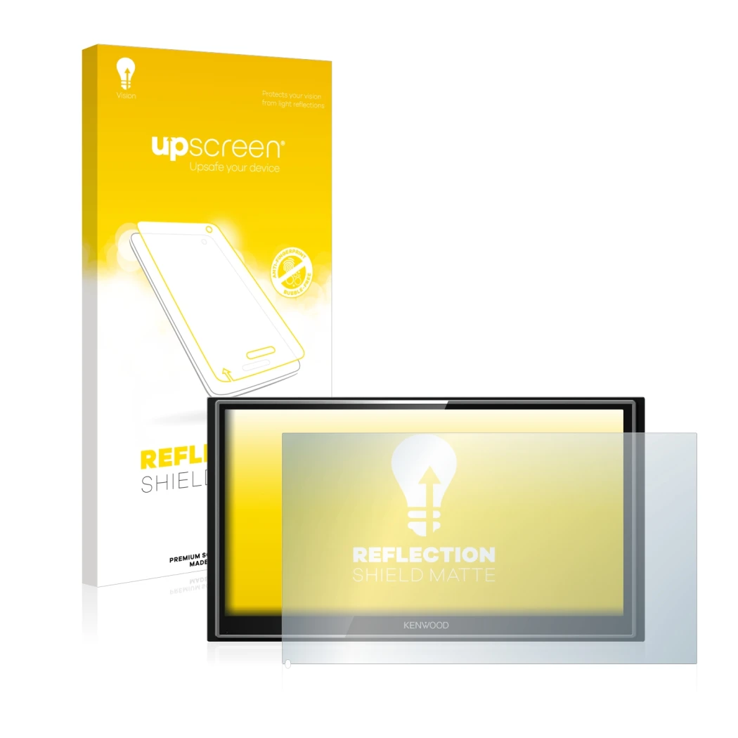 Vorderseite einer Produktverpackung mit dem Markenlogo upscreen. Daneben ist das Gerät Kenwood DMX7018DABS mit dem zugehörigen