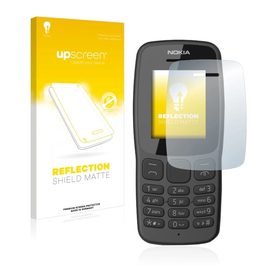 Vorderseite einer Produktverpackung mit dem Markenlogo upscreen. Daneben ist das Gerät Nokia 106 2018 mit dem zugehörigen Disp