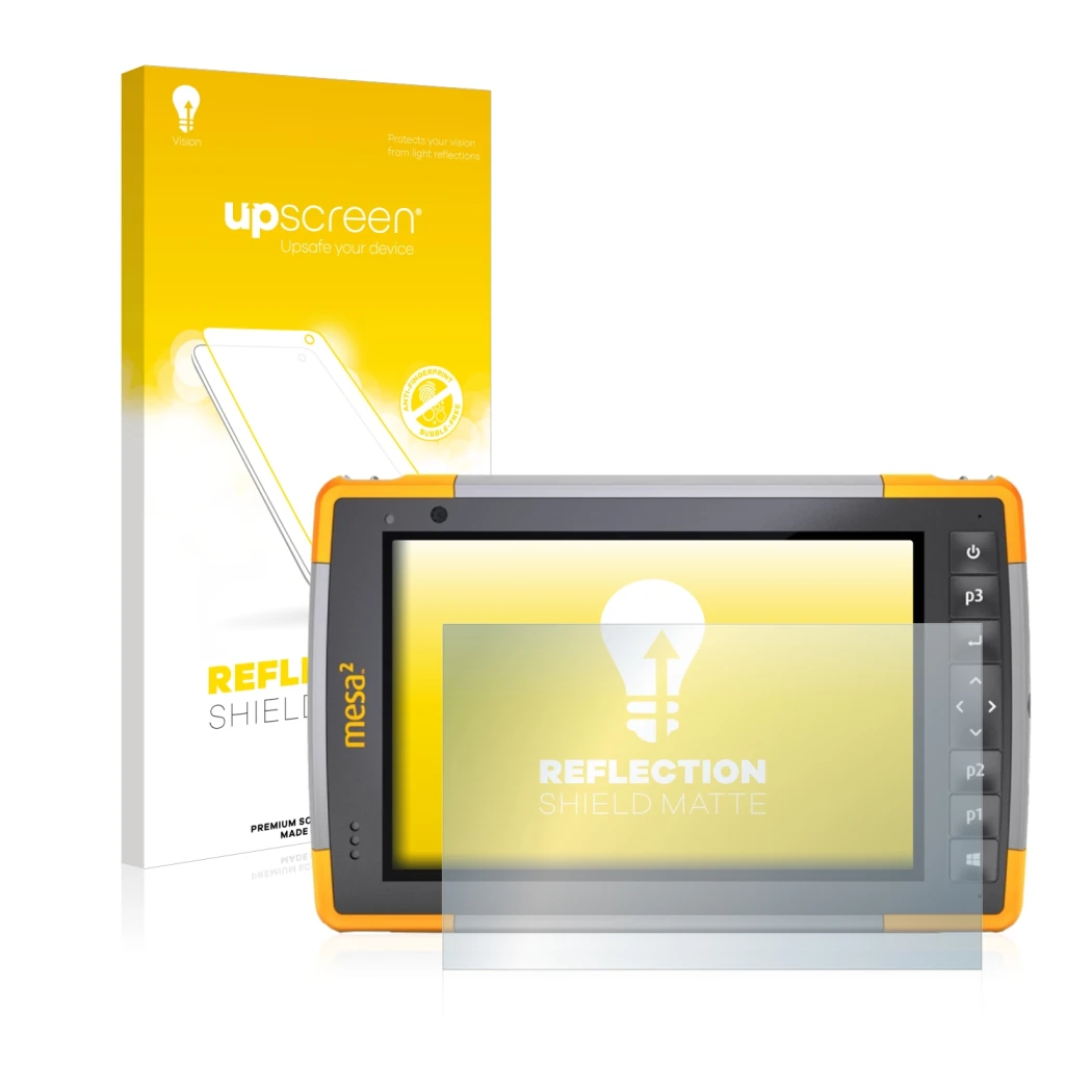 Vorderseite einer Produktverpackung mit dem Markenlogo upscreen. Daneben ist das Gerät Juniper Systems Mesa 2 Rugged Tablet mi