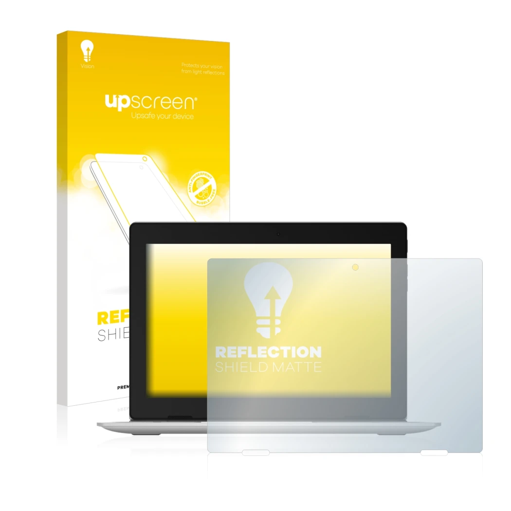 Vorderseite einer Produktverpackung mit dem Markenlogo upscreen. Daneben ist das Gerät Lenovo IdeaPad D330 mit dem zugehörigen