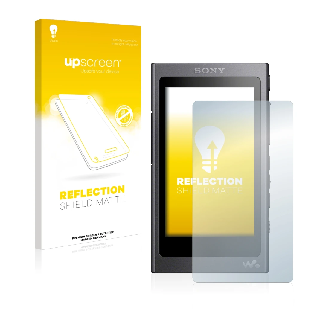 Vorderseite einer Produktverpackung mit dem Markenlogo upscreen. Daneben ist das Gerät Sony Walkman A40 mit dem zugehörigen Di
