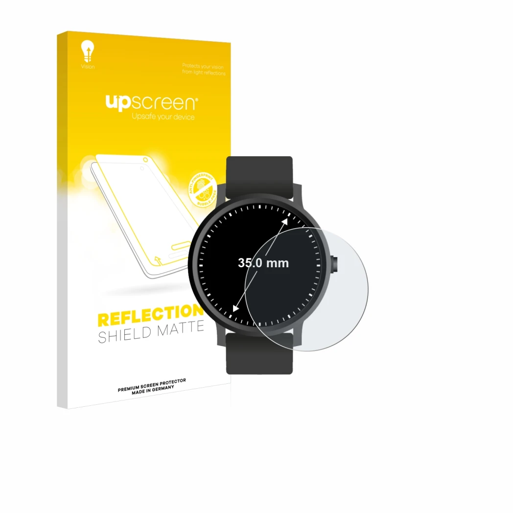 Vorderseite einer Produktverpackung mit dem Markenlogo upscreen. Daneben ist das Gerät Kreisrunde Displays (ø: 35 mm) mit dem 